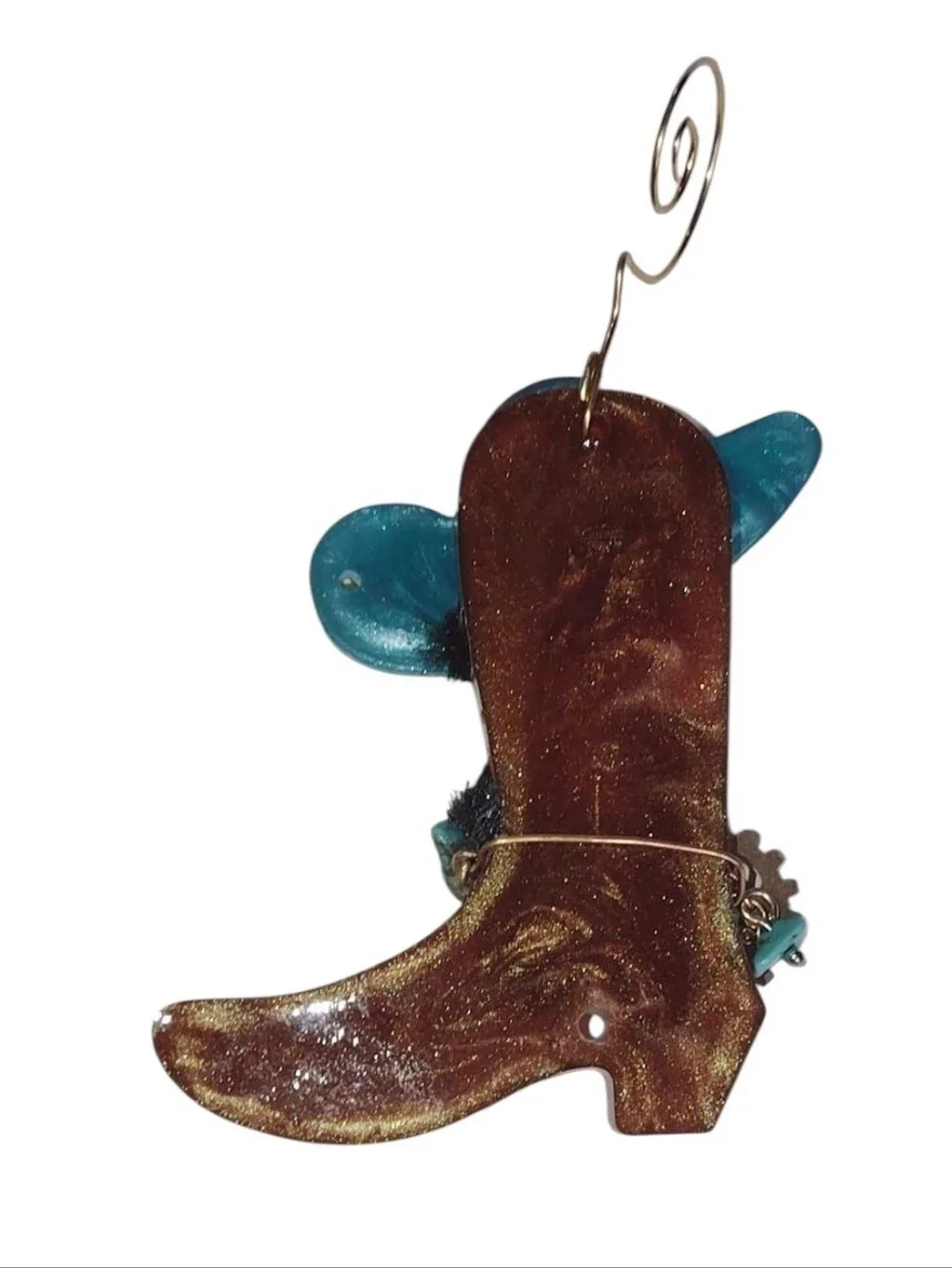 New Brown & Turquoise Resin Cowboy Boot Black Mustache Eyebrow Sparkle Blue Eye
